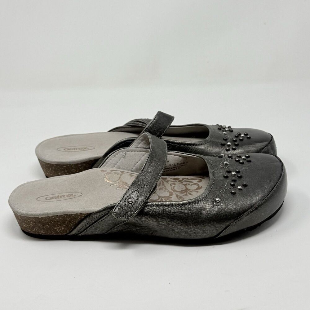 Aetrex Amanda Mule Shoes Womens 9.5 Pewter Gray Metallic Leather Mary Jane Studs